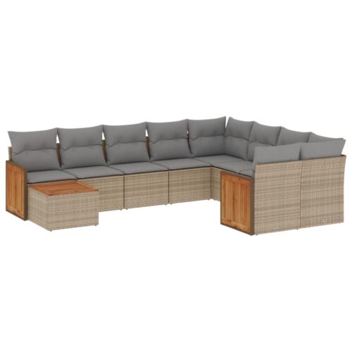 10-Piece Garden Sofa Set with Cushions Beige Poly Rattan Wicker Outdoor Patio Furniture