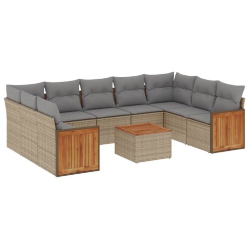 10-Piece Garden Sofa Set with Cushions Beige Poly Rattan Wicker Outdoor Patio Furniture