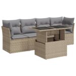 5-Piece Garden Sofa Set with Cushions Beige Poly Rattan Wicker Outdoor Patio Furniture
