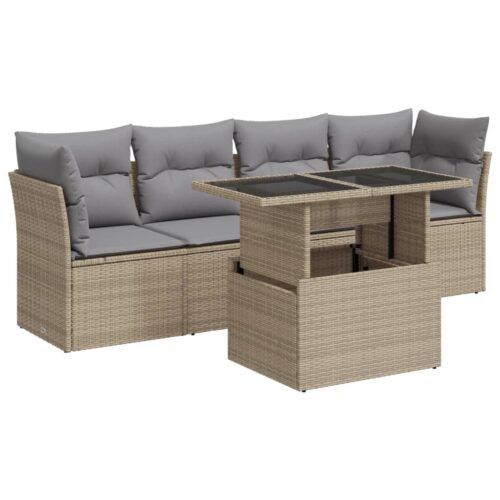 5-Piece Garden Sofa Set with Cushions Beige Poly Rattan Wicker Outdoor Patio Furniture