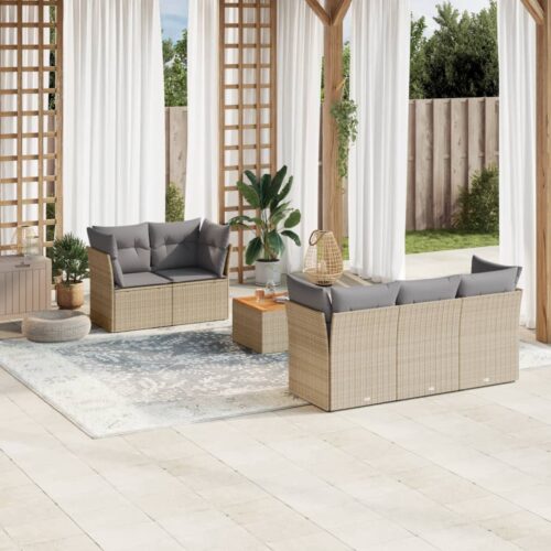 6-Piece Garden Sofa Set with Cushions Beige Poly Rattan Wicker Outdoor Patio Furniture - Image 2