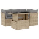 5-Piece Garden Sofa Set with Cushions Beige Poly Rattan Wicker Outdoor Patio Furniture