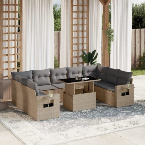 10-Piece Garden Sofa Set with Cushions Beige Poly Rattan Wicker Outdoor Patio Furniture - Image 2