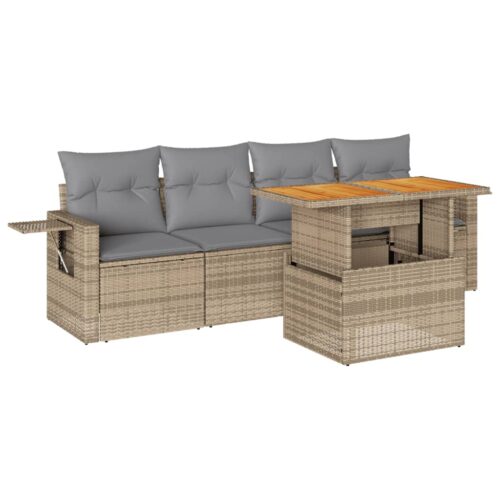 5-Piece Garden Sofa Set with Cushions Beige Poly Rattan Wicker Outdoor Patio Furniture - Image 13