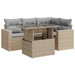 5-Piece Garden Sofa Set with Cushions Beige Poly Rattan Wicker Outdoor Patio Furniture