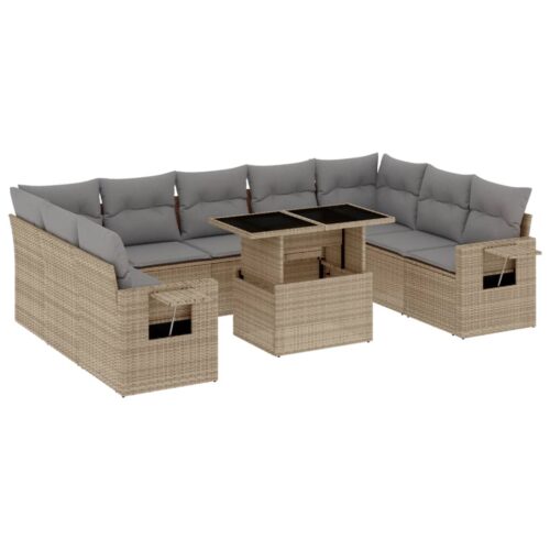 10-Piece Garden Sofa Set with Cushions Beige Poly Rattan Wicker Outdoor Patio Furniture - Image 13