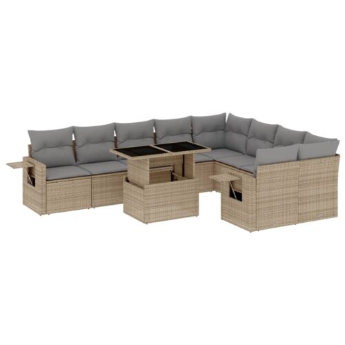 10-Piece Garden Sofa Set with Cushions Beige Poly Rattan Wicker Outdoor Patio Furniture