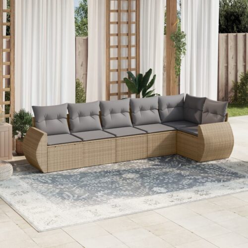 6-Piece Garden Sofa Set with Cushions Beige Poly Rattan Wicker Outdoor Patio Furniture - Image 2