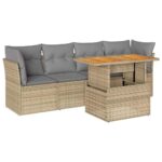 5-Piece Garden Sofa Set with Cushions Beige Poly Rattan Wicker Outdoor Patio Furniture