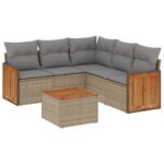 6-Piece Garden Sofa Set with Cushions Beige Poly Rattan Wicker Outdoor Patio Furniture