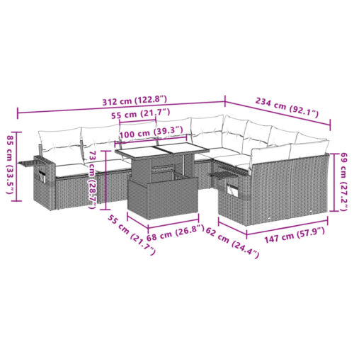 10-Piece Garden Sofa Set with Cushions Beige Poly Rattan Wicker Outdoor Patio Furniture - Image 11