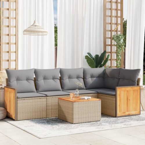 6-Piece Garden Sofa Set with Cushions Beige Poly Rattan Wicker Outdoor Patio Furniture - Image 2