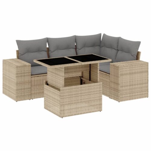 5-Piece Garden Sofa Set with Cushions Beige Poly Rattan Wicker Outdoor Patio Furniture