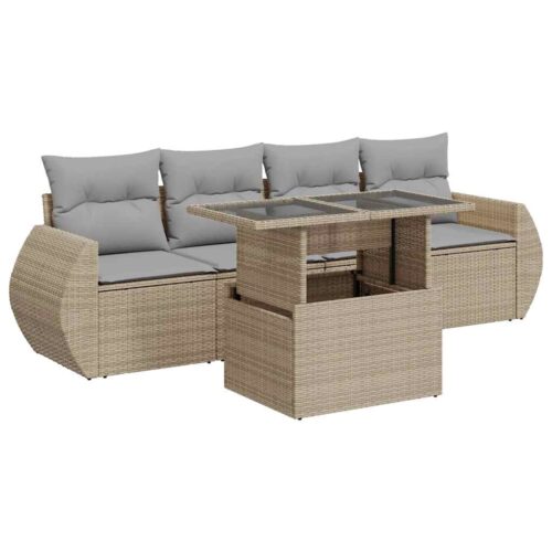 5-Piece Garden Sofa Set with Cushions Beige Poly Rattan Wicker Outdoor Patio Furniture