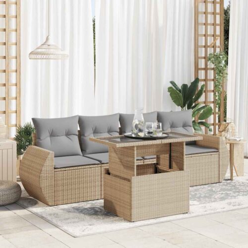 5-Piece Garden Sofa Set with Cushions Beige Poly Rattan Wicker Outdoor Patio Furniture - Image 2