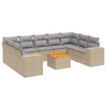 10-Piece Garden Sofa Set with Cushions Beige Poly Rattan Wicker Outdoor Patio Furniture