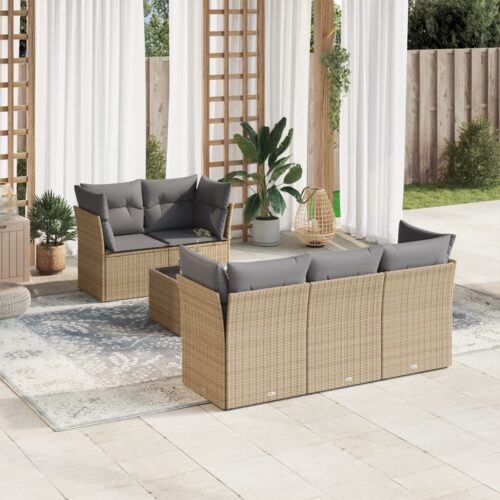 6-Piece Garden Sofa Set with Cushions Beige Poly Rattan Wicker Outdoor Patio Furniture - Image 2