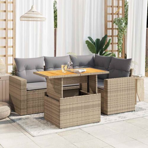 5-Piece Garden Sofa Set with Cushions Beige Poly Rattan Wicker Outdoor Patio Furniture - Image 2