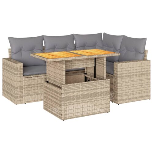 5-Piece Garden Sofa Set with Cushions Beige Poly Rattan Wicker Outdoor Patio Furniture - Image 13