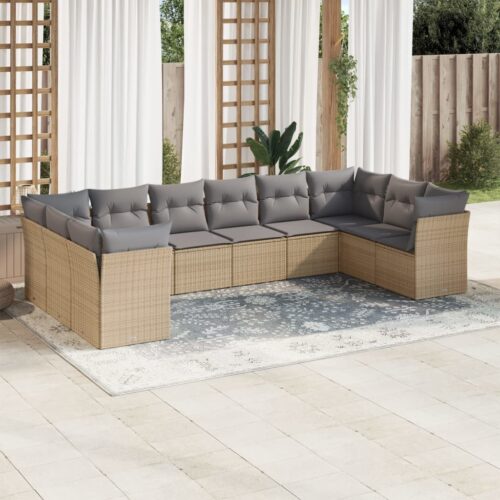 10-Piece Garden Sofa Set with Cushions Beige Poly Rattan Wicker Outdoor Patio Furniture - Image 2
