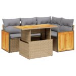 5-Piece Garden Sofa Set with Cushions Beige Poly Rattan Wicker Outdoor Patio Furniture