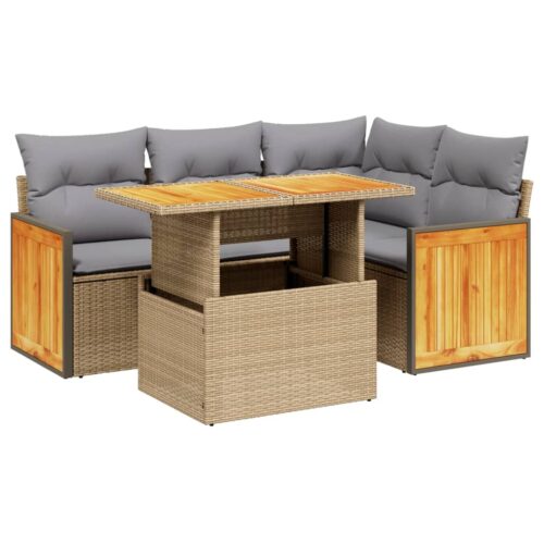 5-Piece Garden Sofa Set with Cushions Beige Poly Rattan Wicker Outdoor Patio Furniture