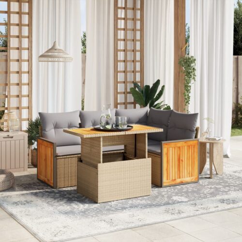 5-Piece Garden Sofa Set with Cushions Beige Poly Rattan Wicker Outdoor Patio Furniture - Image 2
