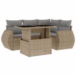 5-Piece Garden Sofa Set with Cushions Beige Poly Rattan Wicker Outdoor Patio Furniture