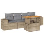 5-Piece Garden Sofa Set with Cushions Beige Poly Rattan Wicker Outdoor Patio Furniture