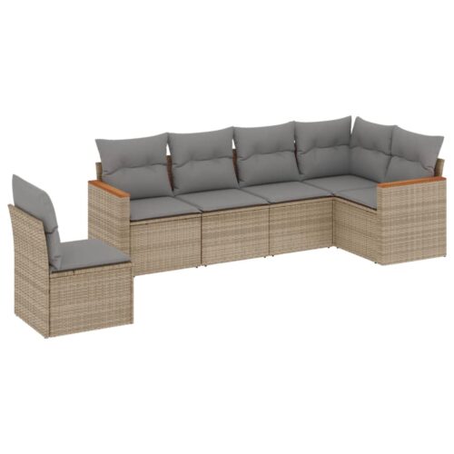 6-Piece Garden Sofa Set with Cushions Beige Poly Rattan Wicker Outdoor Patio Furniture