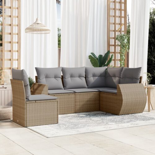 6-Piece Garden Sofa Set with Cushions Beige Poly Rattan Wicker Outdoor Patio Furniture - Image 2
