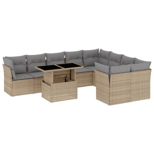10-Piece Garden Sofa Set with Cushions Beige Poly Rattan Wicker Outdoor Patio Furniture - Image 13
