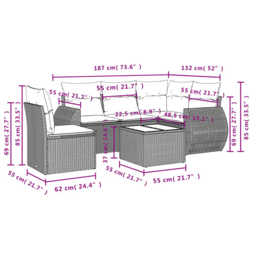 6-Piece Garden Sofa Set with Cushions Beige Poly Rattan Wicker Outdoor Patio Furniture - Image 3