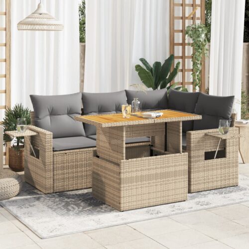 5-Piece Garden Sofa Set with Cushions Beige Poly Rattan Wicker Outdoor Patio Furniture - Image 2