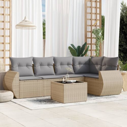 6-Piece Garden Sofa Set with Cushions Beige Poly Rattan Wicker Outdoor Patio Furniture - Image 2