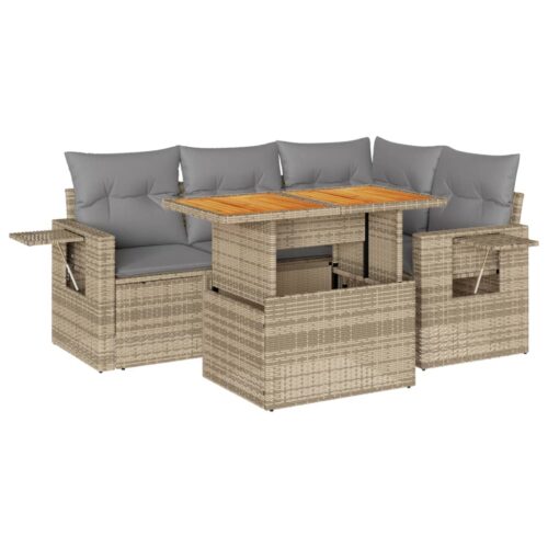 5-Piece Garden Sofa Set with Cushions Beige Poly Rattan Wicker Outdoor Patio Furniture - Image 13