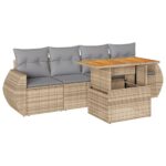 5-Piece Garden Sofa Set with Cushions Beige Poly Rattan Wicker Outdoor Patio Furniture