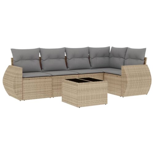 6-Piece Garden Sofa Set with Cushions Beige Poly Rattan Wicker Outdoor Patio Furniture - Image 5