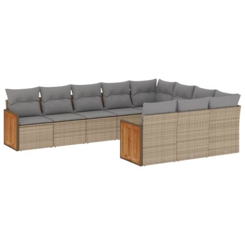 10-Piece Garden Sofa Set with Cushions Beige Poly Rattan Wicker Outdoor Patio Furniture