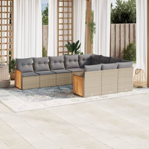 10-Piece Garden Sofa Set with Cushions Beige Poly Rattan Wicker Outdoor Patio Furniture - Image 2