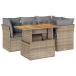 5-Piece Garden Sofa Set with Cushions Beige Poly Rattan Wicker Outdoor Patio Furniture