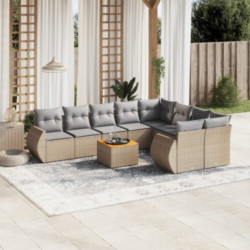 10-Piece Garden Sofa Set with Cushions Beige Poly Rattan Wicker Outdoor Patio Furniture - Image 2