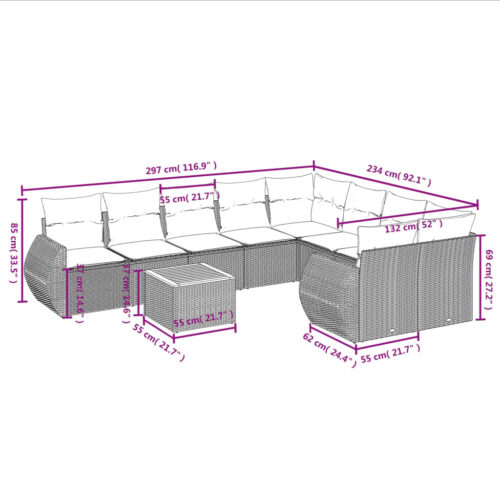 10-Piece Garden Sofa Set with Cushions Beige Poly Rattan Wicker Outdoor Patio Furniture - Image 3