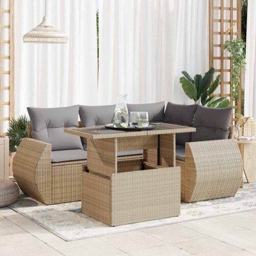 5-Piece Garden Sofa Set with Cushions Beige Poly Rattan Wicker Outdoor Patio Furniture - Image 2