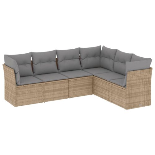 6-Piece Garden Sofa Set with Cushions Beige Poly Rattan Wicker Outdoor Patio Furniture