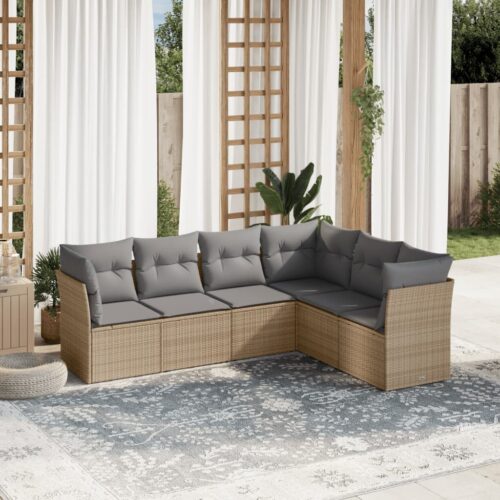 6-Piece Garden Sofa Set with Cushions Beige Poly Rattan Wicker Outdoor Patio Furniture - Image 2