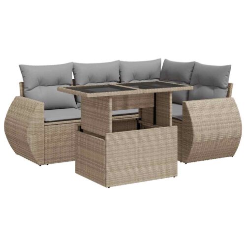 5-Piece Garden Sofa Set with Cushions Beige Poly Rattan Wicker Outdoor Patio Furniture - Image 13