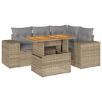5-Piece Garden Sofa Set with Cushions Beige Poly Rattan Wicker Outdoor Patio Furniture