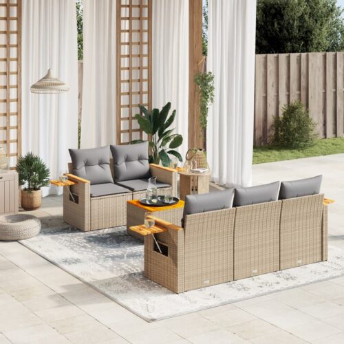 6-Piece Garden Sofa Set with Cushions Beige Poly Rattan Wicker Outdoor Patio Furniture - Image 2