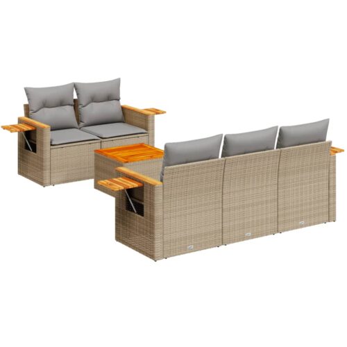 6-Piece Garden Sofa Set with Cushions Beige Poly Rattan Wicker Outdoor Patio Furniture - Image 5